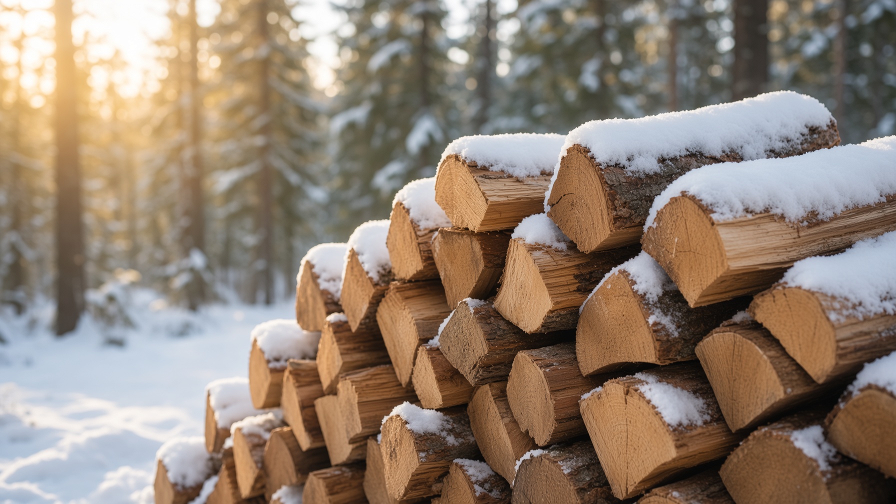 Vedstabel i snø ved skogkanten